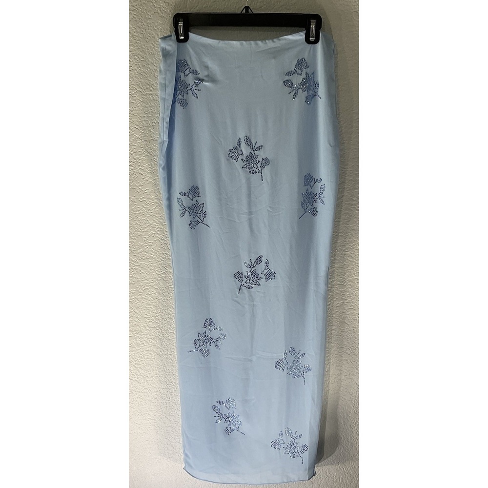 Oh Polly Size 8 Baby Blue Embellished Maxi skirt Low-Rise Back Slit Zipper NWT